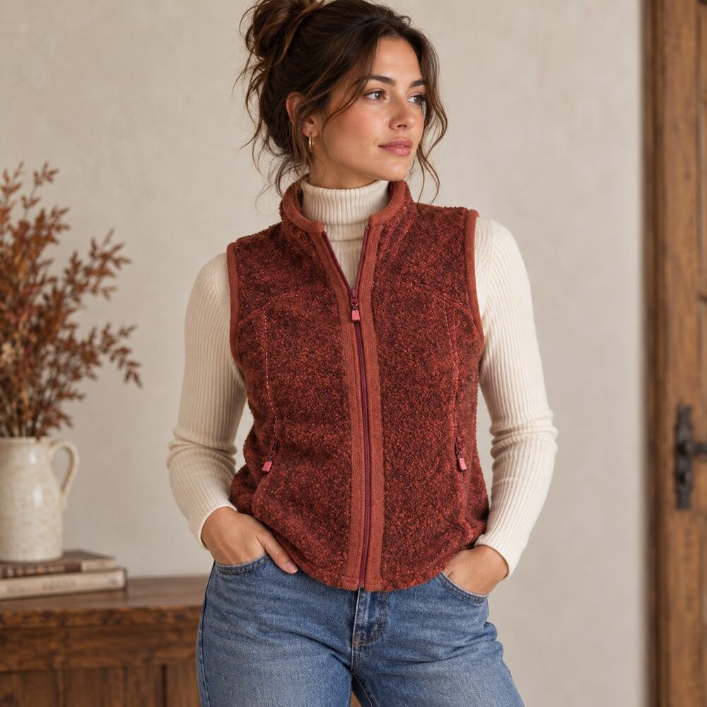 Woolrich Women XL Fleece Vest Black Cherry Full Zip Outdoor Hiking Heritage Camp